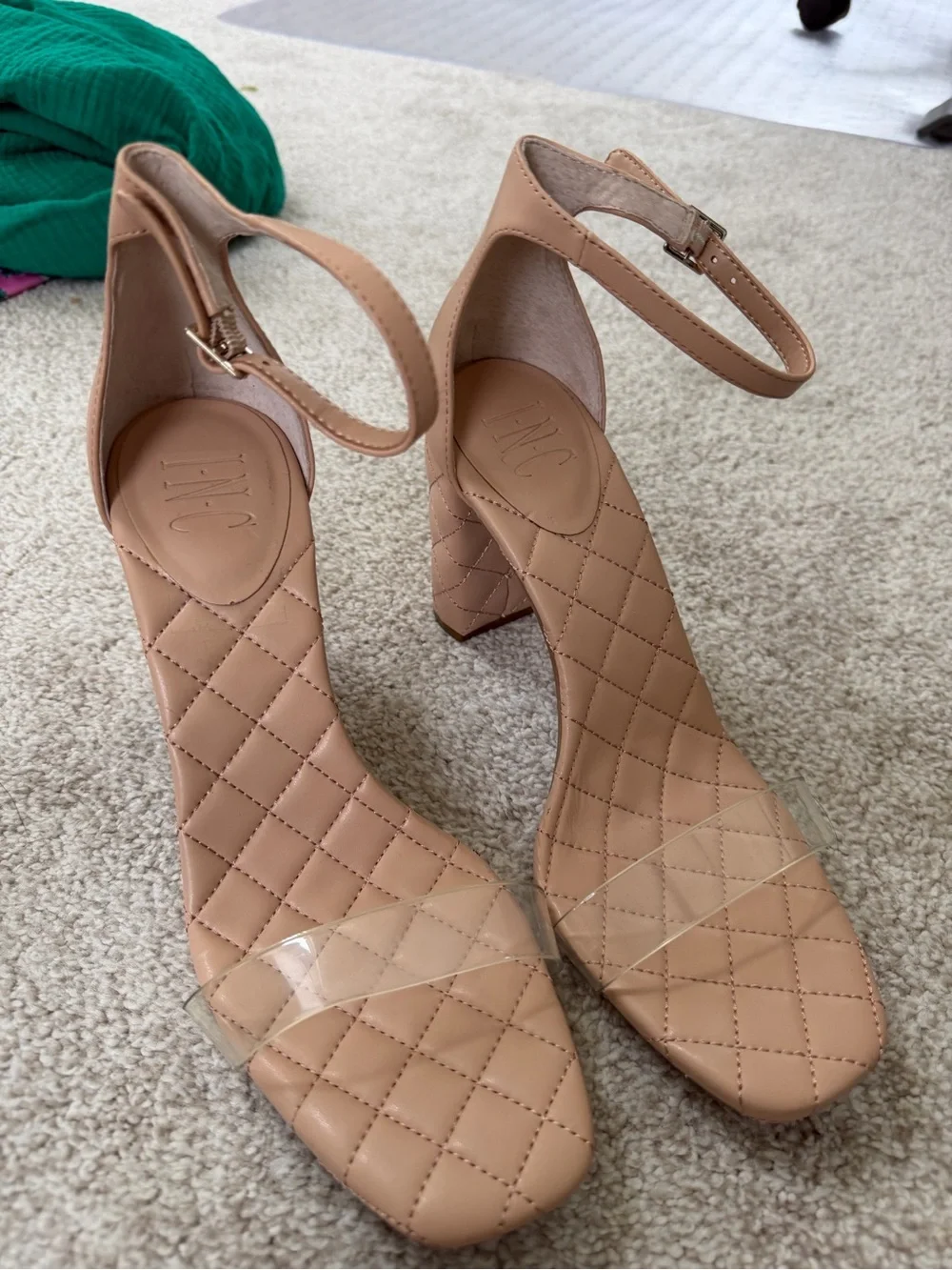 INC International Concepts Nude Quilted Block Heels with Clear Toe Strap